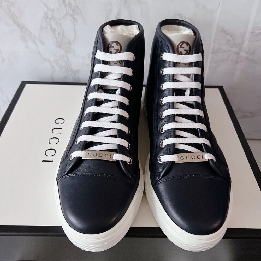 GUCCI Luxus Shoes High Top Sneaker logo Blue Leather Mens UK 8 US 8.5 *Authentic - Picture 3 of 13